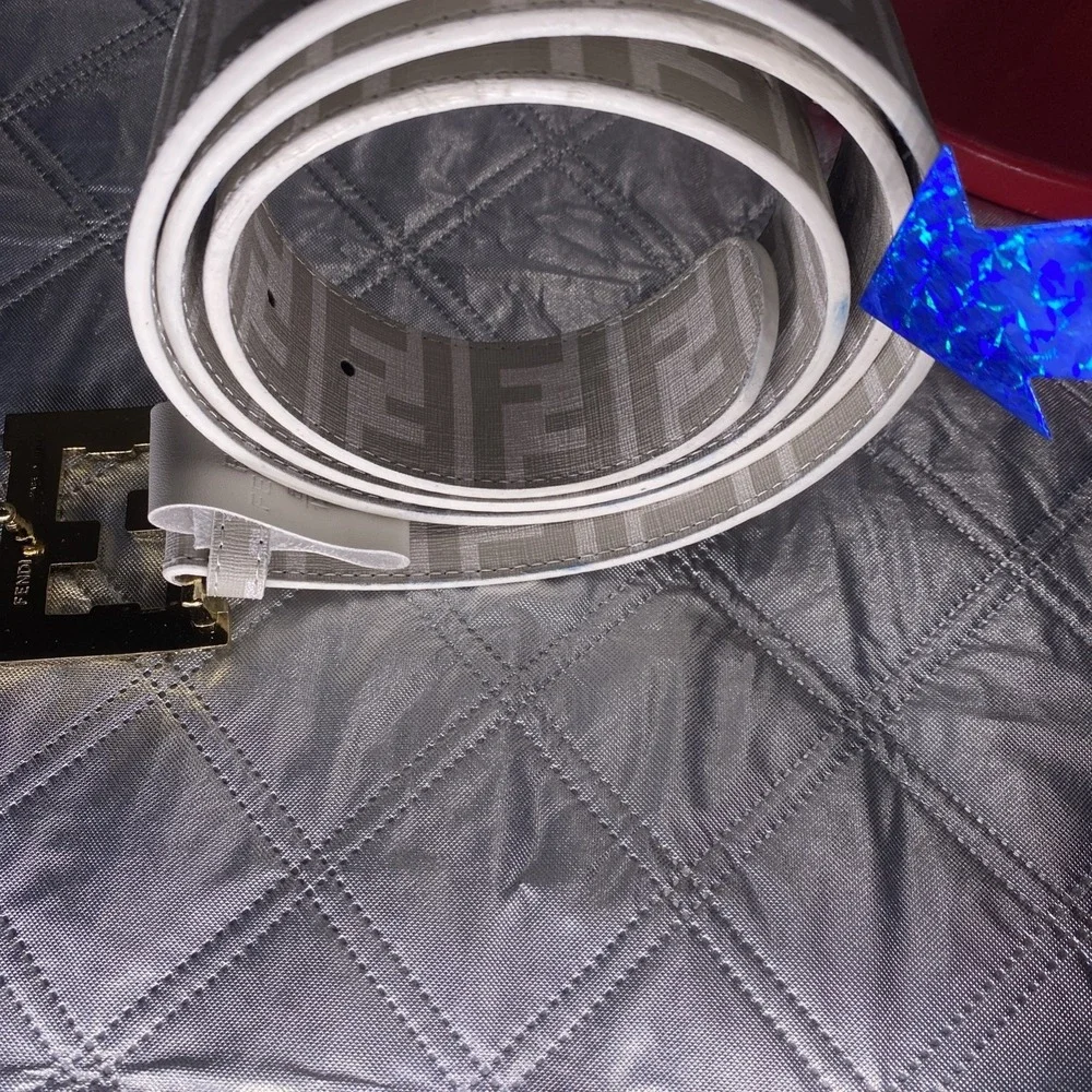 FF Monogram Fashion Belt White Gray Gold Tone F Buckle Size 36/45